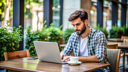 Obraz premium A young man works on his laptop at a café table, focused on his tasks. Whether as a freelancer or student, the café setting reflects his dedication and work ethic.