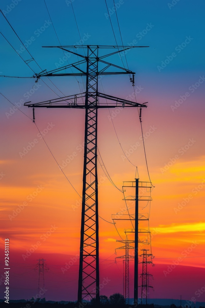 Poster two adjacent power lines in an urban or rural setting, suitable for use in infrastructure, industry,