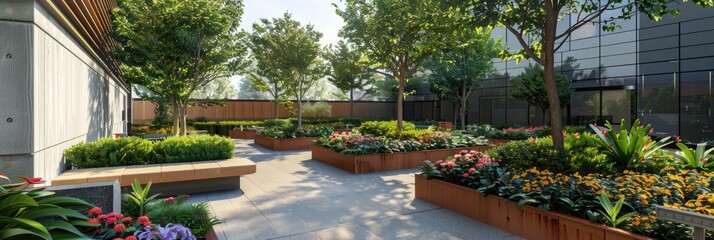 Dynamic and contemporary business garden showcasing strategically positioned flower boxes filled with lush greenery, creating a vibrant outdoor space for employee breaks and gatherings.