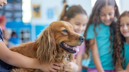 Happy Golden Retriever Surrounded by Children in a Bright and Playful Environment