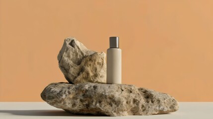 Minimalist Beauty Product Display on Natural Stone Pedestal with Warm Backdrop. Generative AI