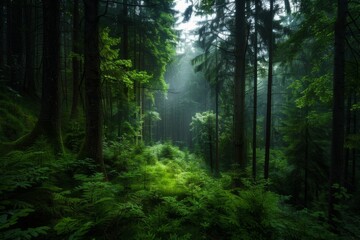 Fototapeta premium A forest vista showcasing a rich ecosystem reveals diverse flora and fauna in a lush, expansive setting. 