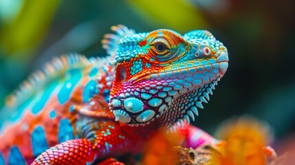 Fototapeta premium Vibrant Close-Up of a Colorful Iguana in a Tropical Environment with Detailed Skin Patterns