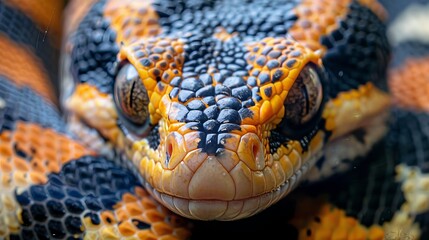 Fototapeta premium Close-Up of Vibrant Orange and Black Snake with Intricate Scale Patterns and Intense Eyes