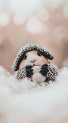 Obraz premium A guinea pig is snugly wrapped in a knitted hat and mittens, grasping a small ball while surrounded by soft, fluffy textures