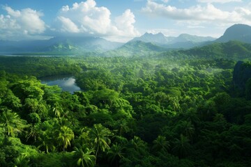 Fototapeta premium A forest vista showcasing a rich ecosystem reveals diverse flora and fauna in a lush, expansive setting. 