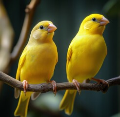 A Pair of Golden Canaries in a Birdhouse: A Warm and Cozy Avian Abode Celebrating the Joy of Pet Companionship.