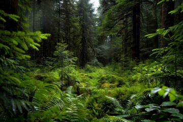 A forest vista showcasing a rich ecosystem reveals diverse flora and fauna in a lush, expansive setting. 