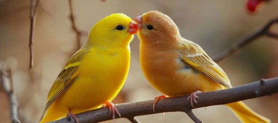 Fototapeta premium A Pair of Golden Canaries in a Birdhouse: A Warm and Cozy Avian Abode Celebrating the Joy of Pet Companionship.