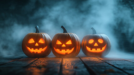 three halloween pumpkins stand on wooden background, fog behind and space for text fog