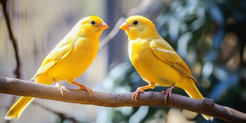 Fototapeta premium A Pair of Golden Canaries in a Birdhouse: A Warm and Cozy Avian Abode Celebrating the Joy of Pet Companionship.