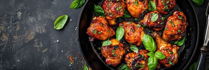 Overhead view of pan-fried garlic brown sugar chicken with plenty of empty space for text.