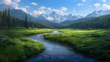 River meadows within a vast wilderness showcase a tranquil landscape where flowing rivers meet open meadows, surrounded by untamed natural beauty.