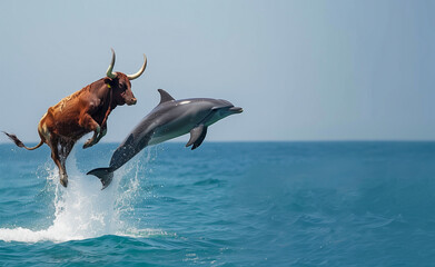 dolphin and cow jumping from ocean water generated by AI
