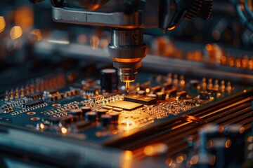 Close-up shot of a computer motherboard with various components and wires visible