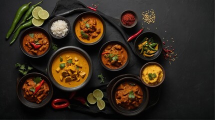 Elegant Curry Meat with Rice and Vegetables on a Dark Background