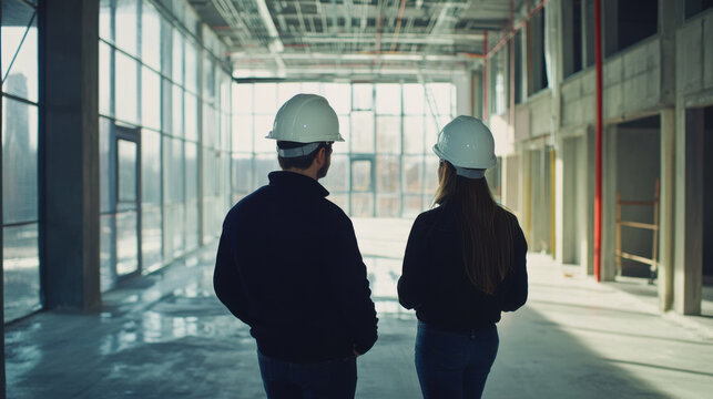 Engineer and general contractor with hard hats conducting a site walkthrough