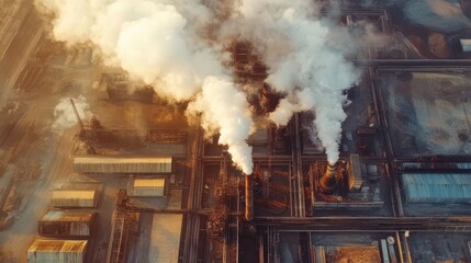 Aerial view of industrial complex with smoke stacks.