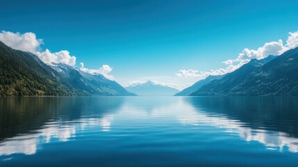 Fototapeta premium Serene Mountain Lake with Clear Blue Sky and Majestic Peaks in the Background