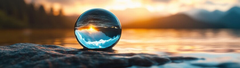 Obraz premium Crystal Ball Reflecting Scenic Sunset Over Tranquil Lake with Mountains in Background