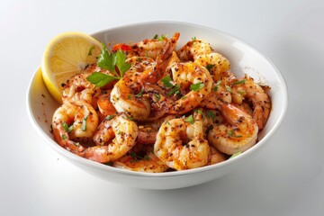 A bowl of seasoned shrimp garnished with parsley and lemon.