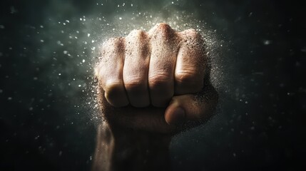 Obraz premium Powerful Fist Punching Through Dust and Smoke in Dramatic Lighting