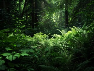 Obraz premium A forest capture of diverse plants reveals a rich tapestry of vegetation in a densely wooded area.