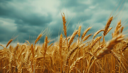 Fototapeta premium field of golden wheat sways gently in the wind, a dramatic sky above