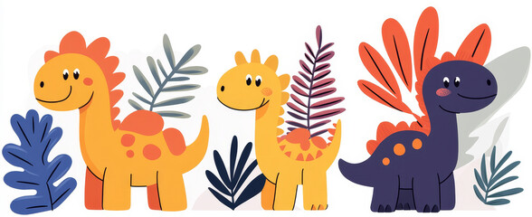 Fototapeta premium Baby dinosaurs, prehistoric jungle, whimsical style, bright and cheerful