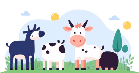 Naklejka premium Cute herbivores, ancient meadows, adorable interactions, bright background
