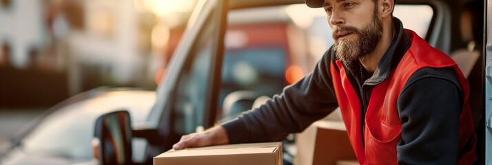 A delivery worker in an orange safety vest is seen outside a vehicle handling packages, with an engaged and focused demeanor.