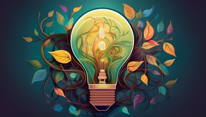 Light bulb with vines, organic growth of ideas