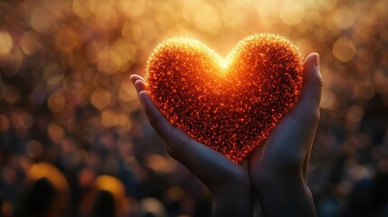 Fototapeta premium Hands Holding a Glowing Heart Shaped Object Against a Golden Bokeh Background