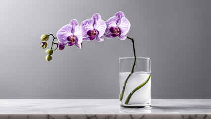 Single pink orchid flower in a glass vase on a marble surface against a gray background.