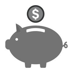Piggy bank and dollar sign coin icon in grey scale isolated on white background.
