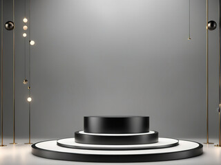 Minimalist black podium with gold light fixtures on a gray background.
