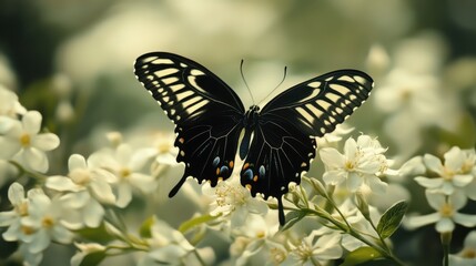 Black and White Butterfly on White Flowers.