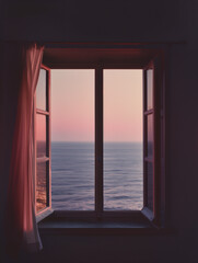 Open window with ocean sunset view © ekampos