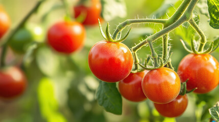 Close-up of ripe cherry tomatoes on the vine, [Main keyword: Vegetables], [Concept: Sweet and juicy garden produce]