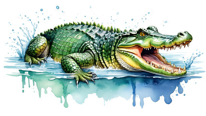 Fototapeta premium A dynamic watercolor drawing of a crocodile breaking out of turf water, isolated on a transparent or white background.