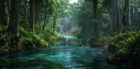 Obraz premium A forest within a national park features flowing water, creating a serene and picturesque landscape. 