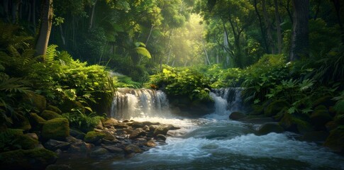 A forest within a national park features flowing water, creating a serene and picturesque landscape. 