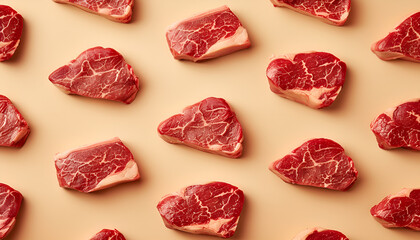 flat lay of raw beef steaks arranged in a repeating pattern on a beige background