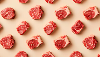 flat lay of raw beef steaks arranged in a repeating pattern on a beige background