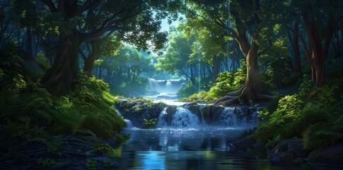 Naklejka premium A forest within a national park features flowing water, creating a serene and picturesque landscape. 