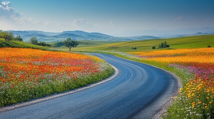 Naklejka premium Winding Road Through a Field of Flowers.