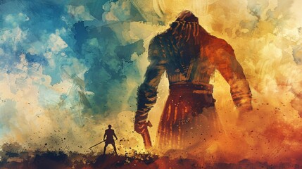 David and Goliath Digital watercolor painting of an ancient warrior with a giant standing in front of him. Digital illustration.