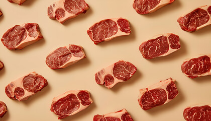 flat lay of raw beef steaks arranged in a repeating pattern on a beige background