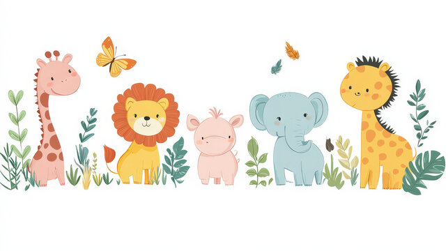 A baby shower invitation card, animal theme, cute cartoon style, assorted colors, isolated on white background