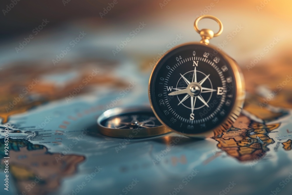 Poster A detailed view of a compass on a map, suitable for use in navigation or educational settings